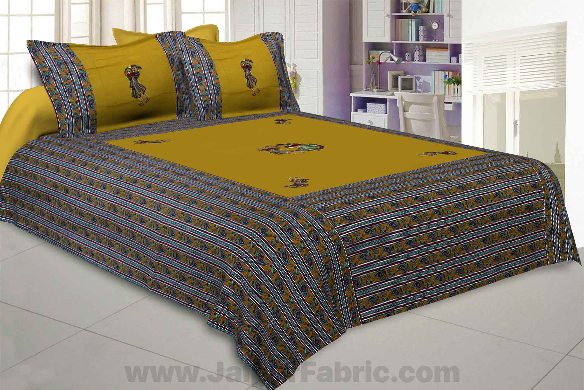 Applique Mehandi Green Chang Dance Jaipuri Hand Made Embroidery Patch Work Double Bedsheet