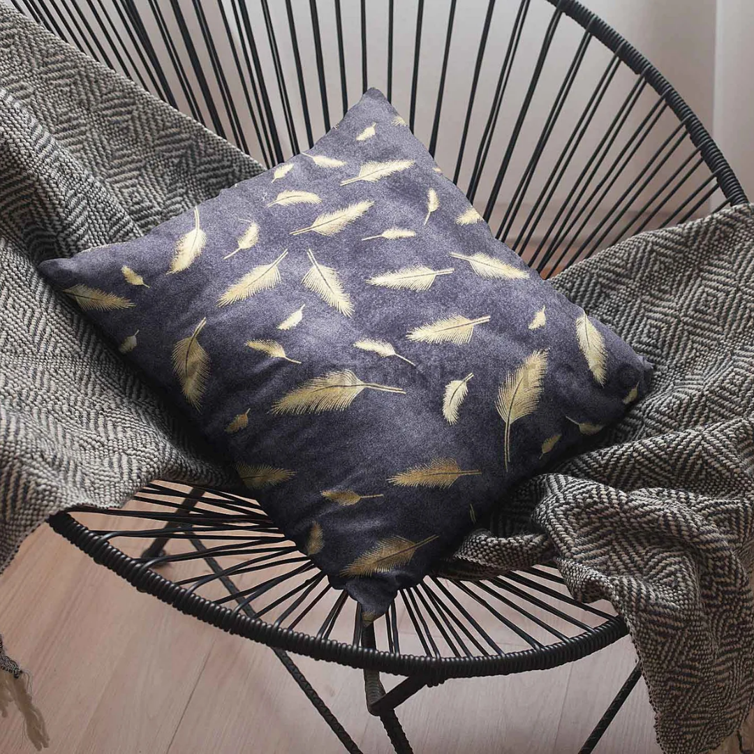 Violet Gold Feather Leaf Print Cushion Cover