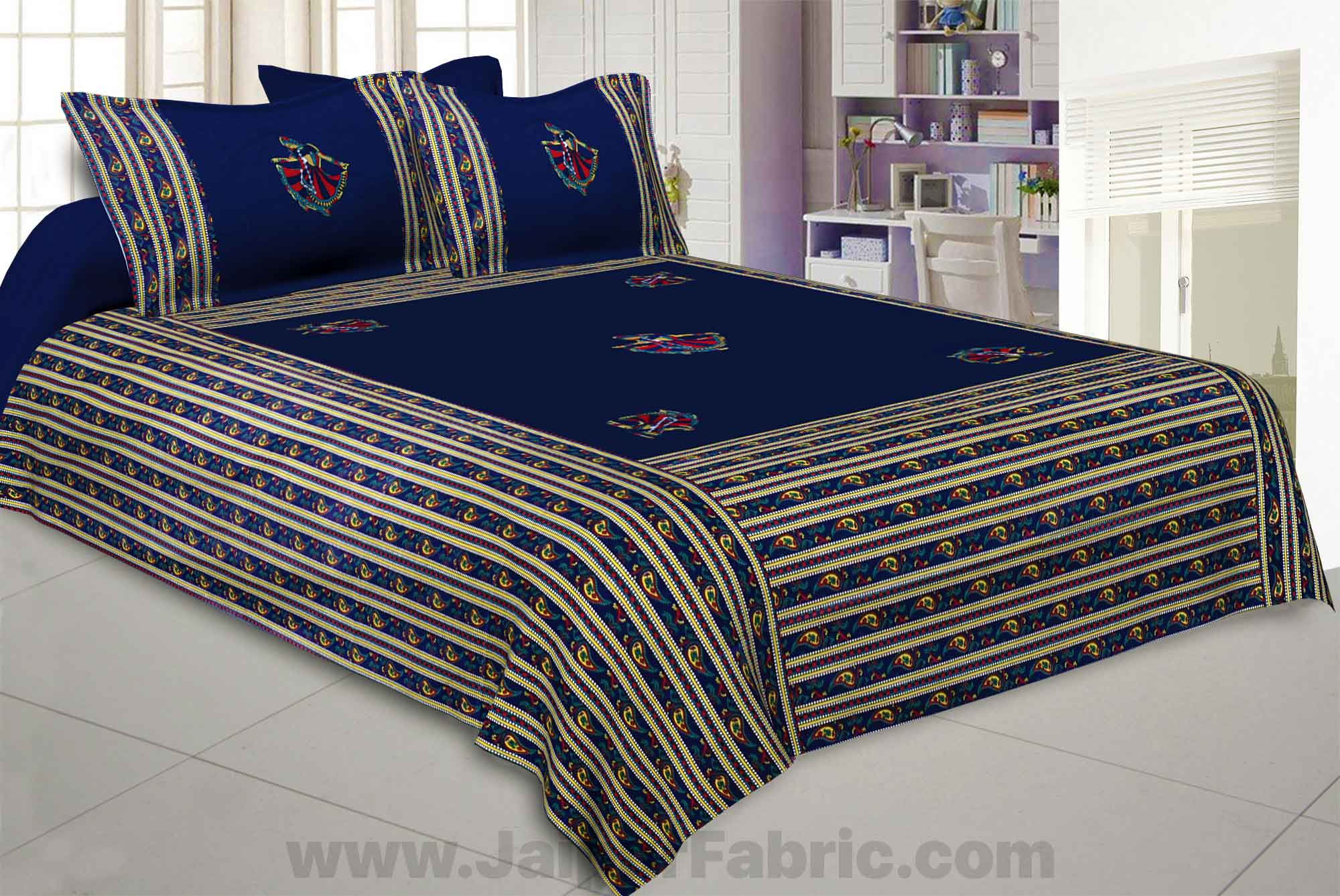 Applique Blue Gujri Jaipuri Hand Made Embroidery Patch Work Double Bedsheet
