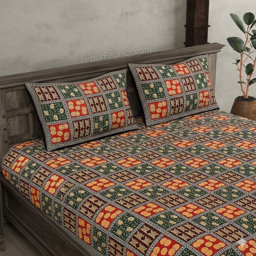 Black Border With Maroon Green And Red Check With Elephant Pattern Golden Print Super Fine Cotton Double Bedsheet