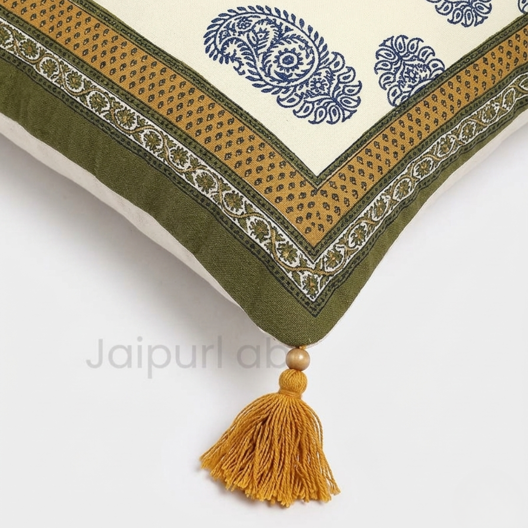 Olive Color Border Keri Block Print Cotton Cushion Cover