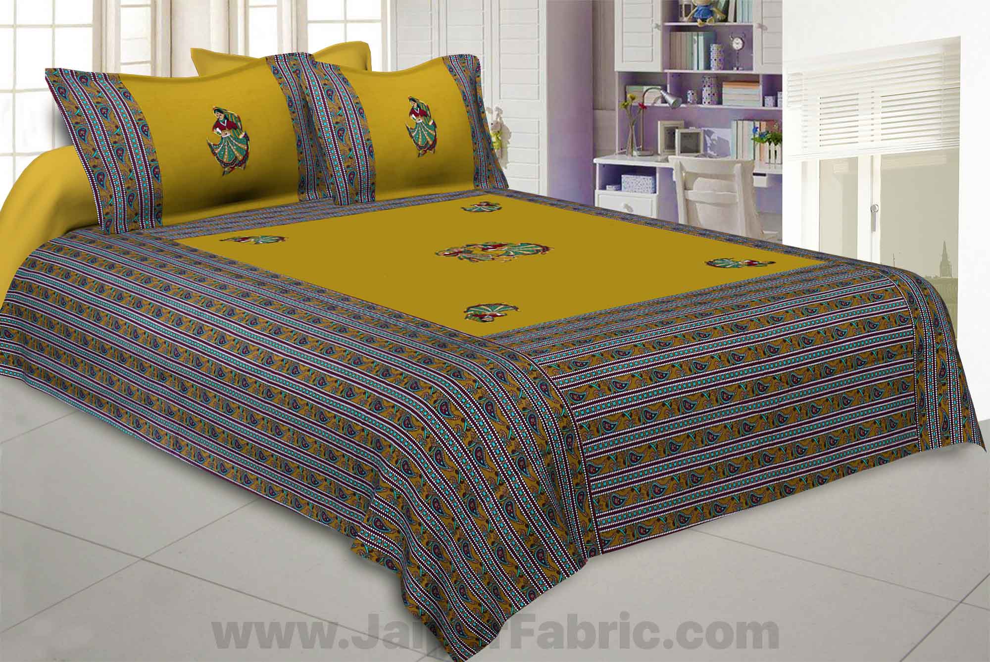 Applique Mehandi Green Rajasthani Dance Jaipuri Hand Made Embroidery Patch Work Double Bedsheet