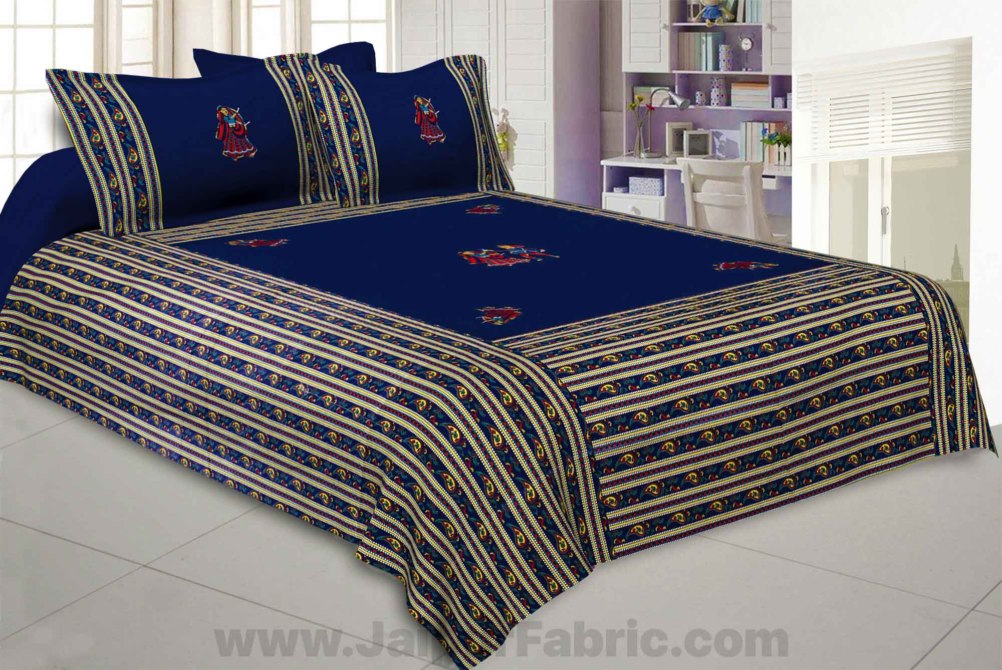 Applique Blue Dandiya Jaipuri Hand Made Embroidery Patch Work Double Bedsheet
