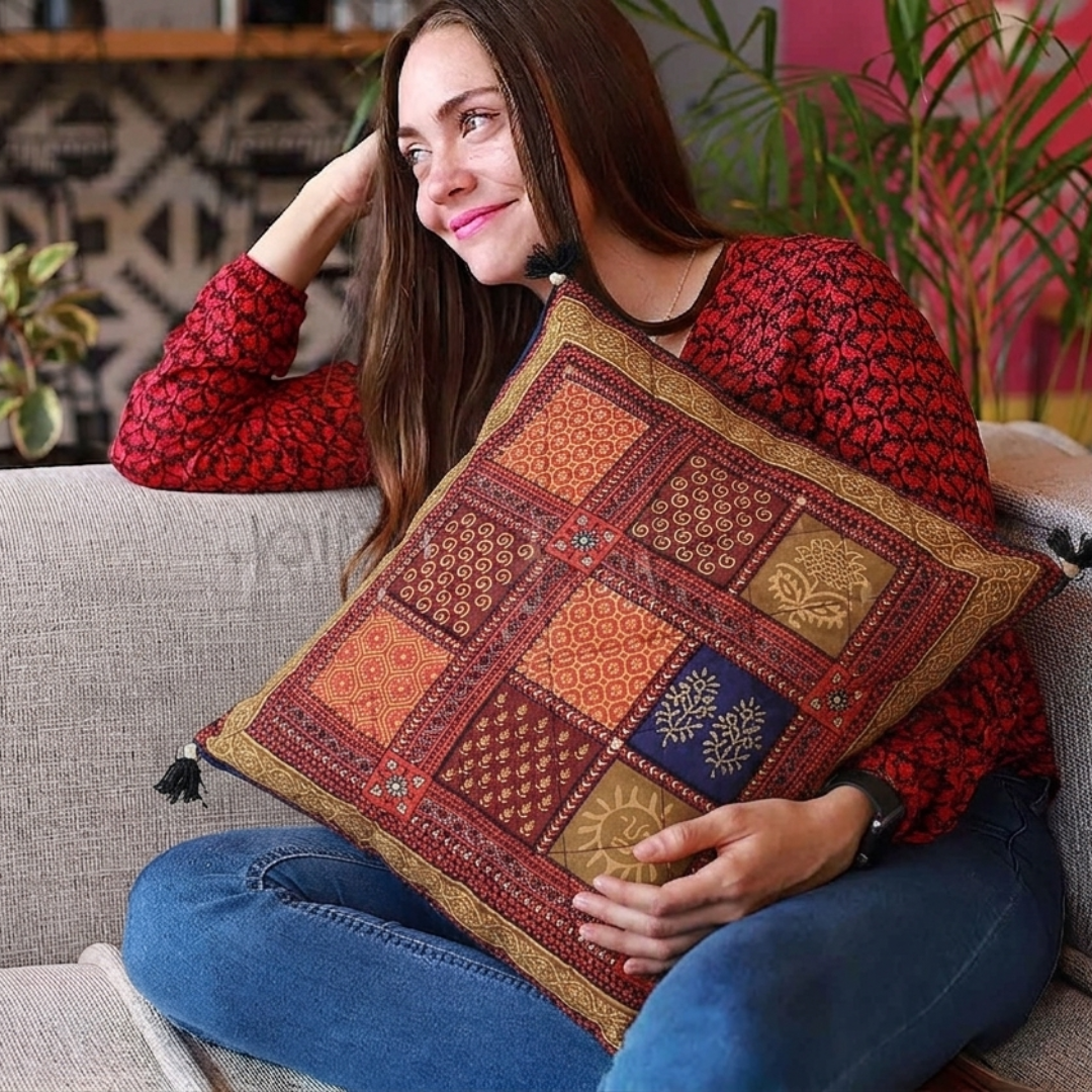 Multi Color Golden Block Print Cotton Cushion cover