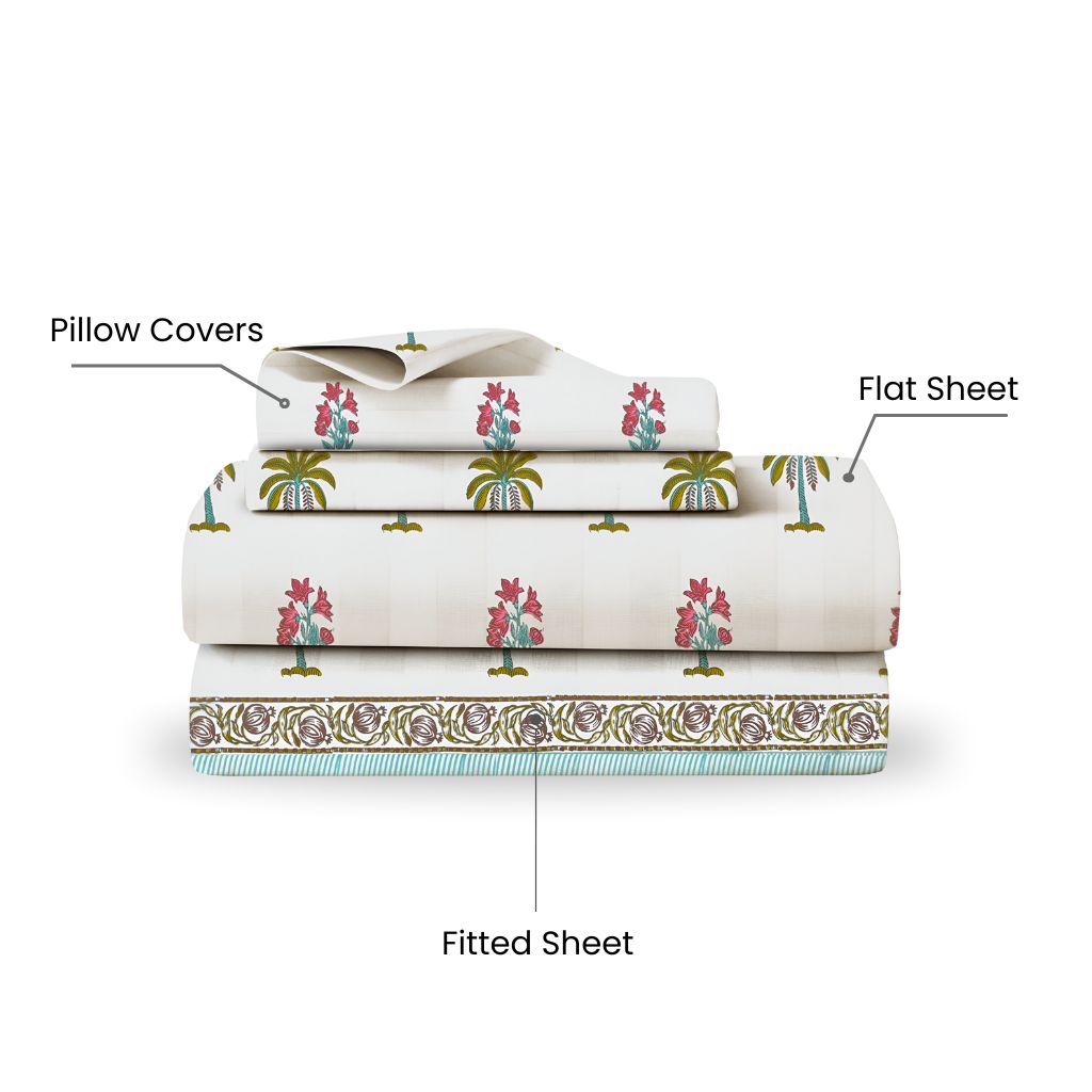 Ultra Premium Tropic Twilight Bedsheet Set Aqua Palm Design | King Size, 400 TC Cotton (Set of 4)