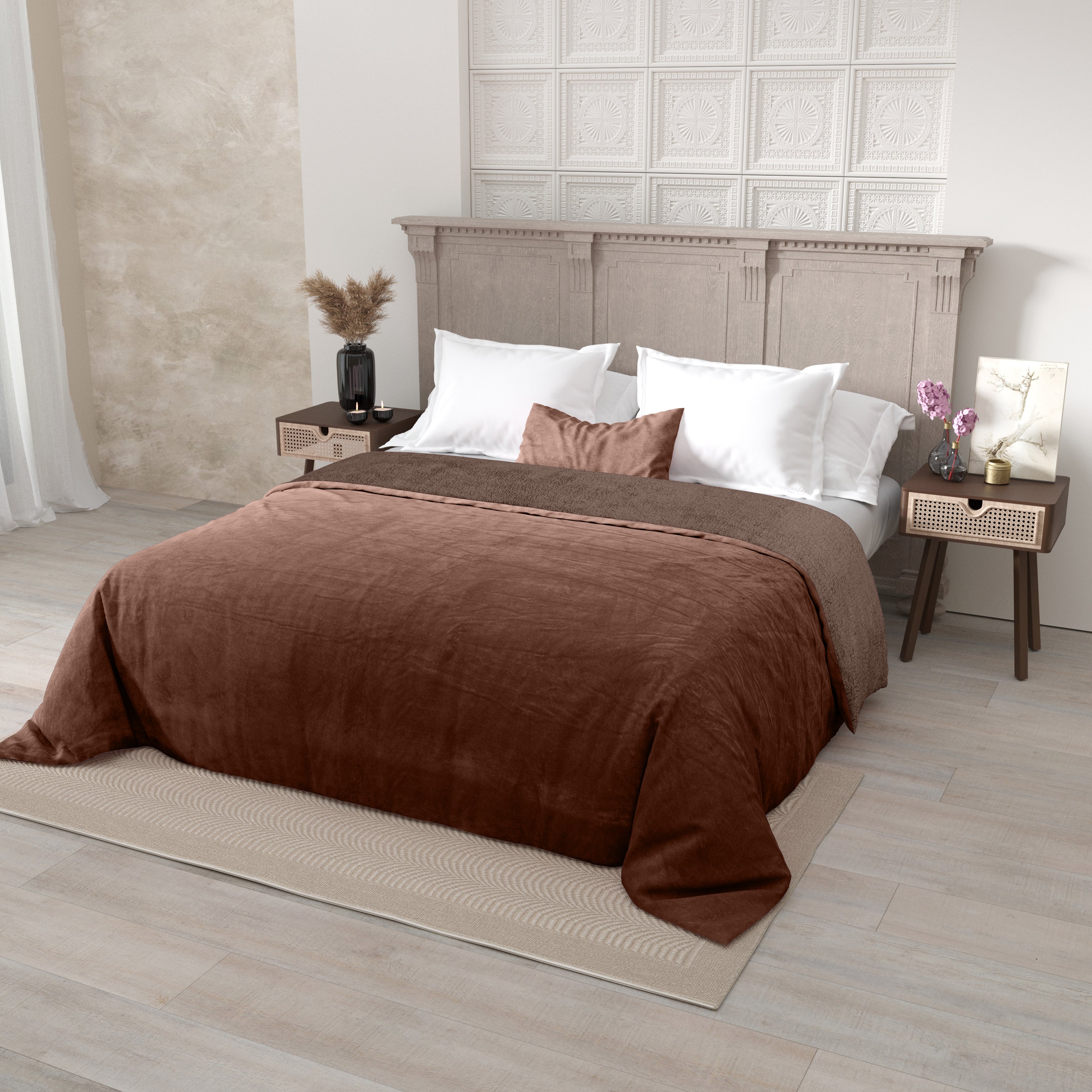 Velvet Plush Mocha Brown Double Bed Blanket layered with Ultra-Soft Sherpa Fabric