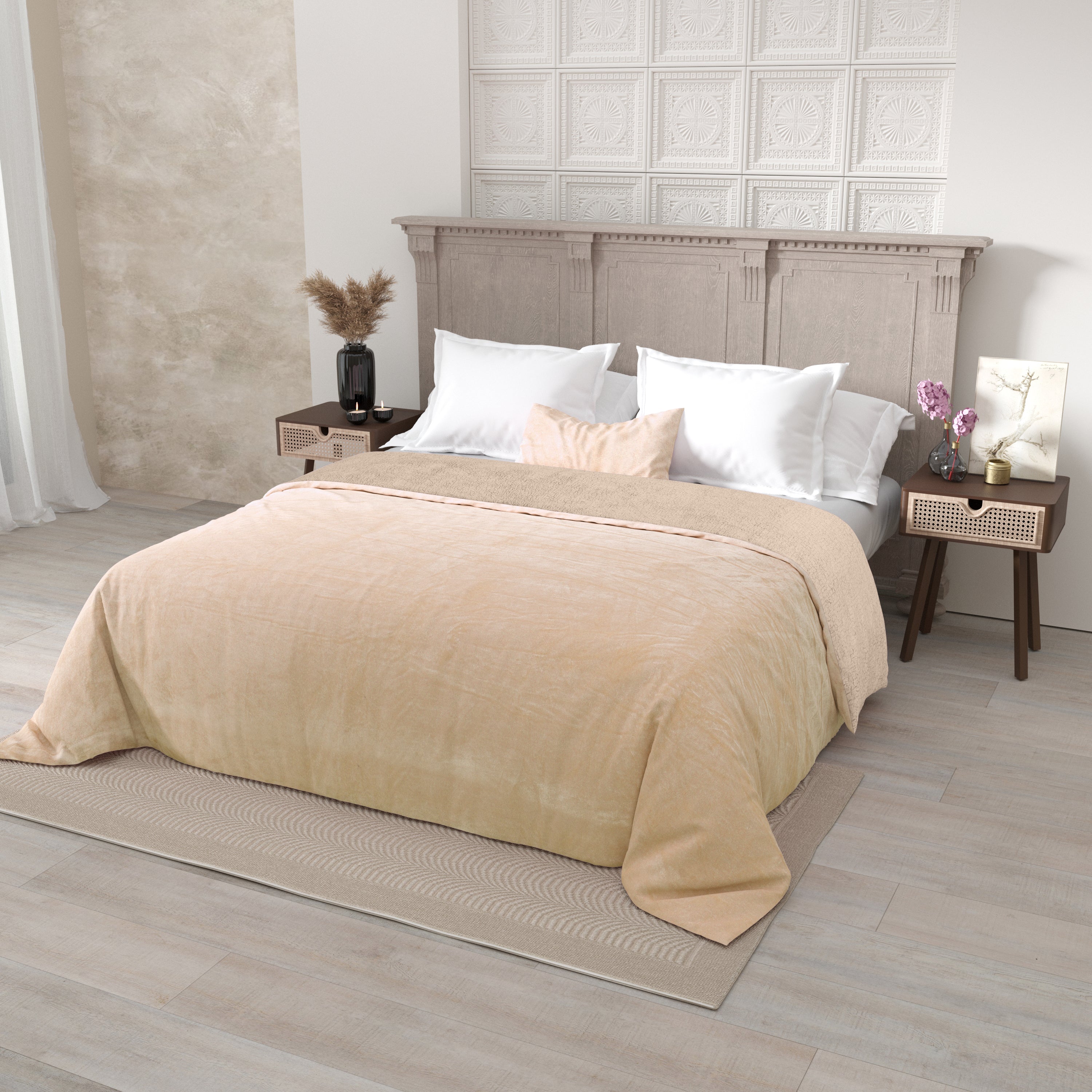 Velvet Plush Sandstone Beige Double Bed Blanket layered with Ultra-Soft Sherpa Fabric