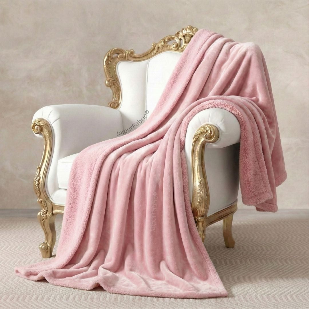 Velvet Plush Baby Pink Double Bed Blanket layered with Ultra-Soft Sherpa Fabric