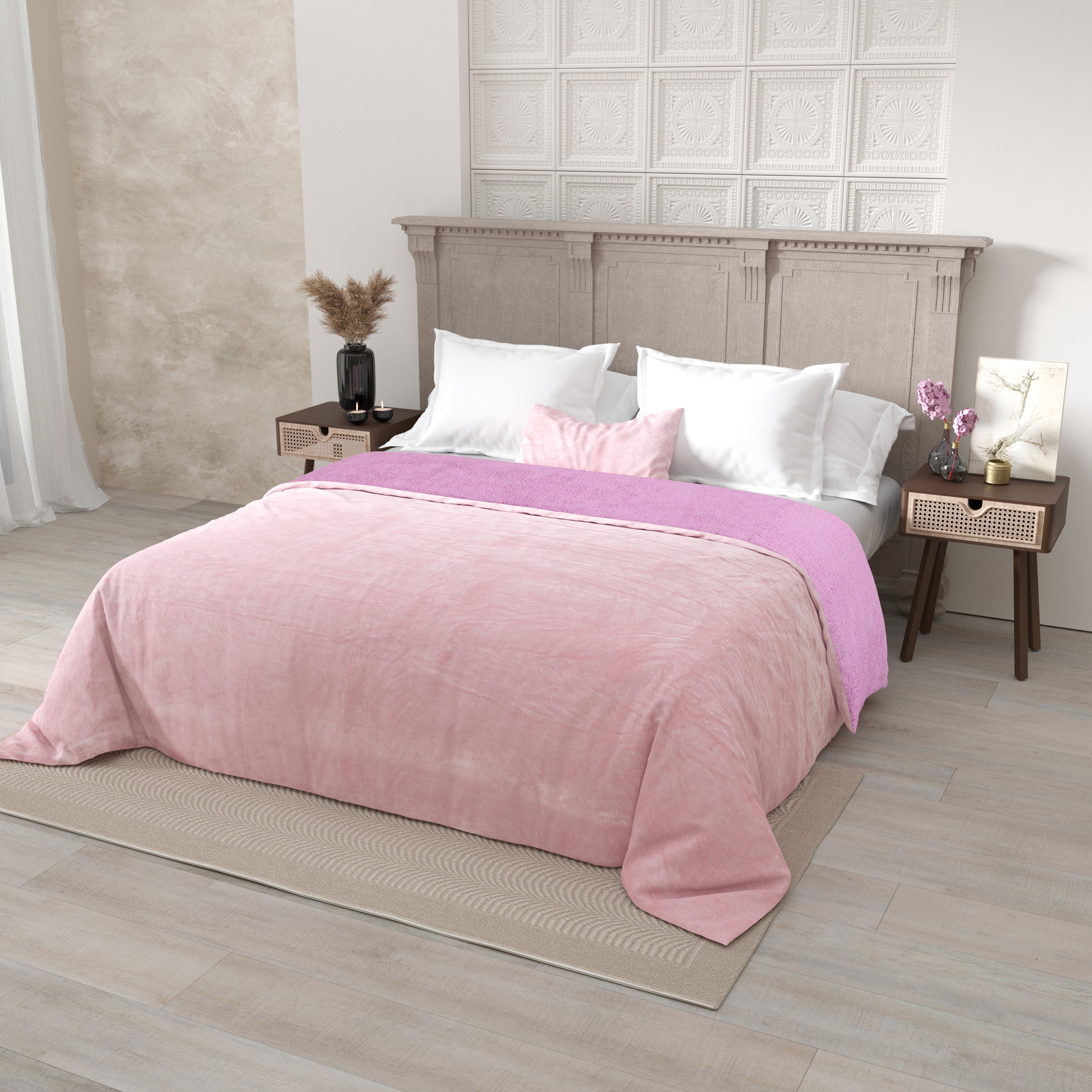 Velvet Plush Baby Pink Double Bed Blanket layered with Ultra-Soft Sherpa Fabric