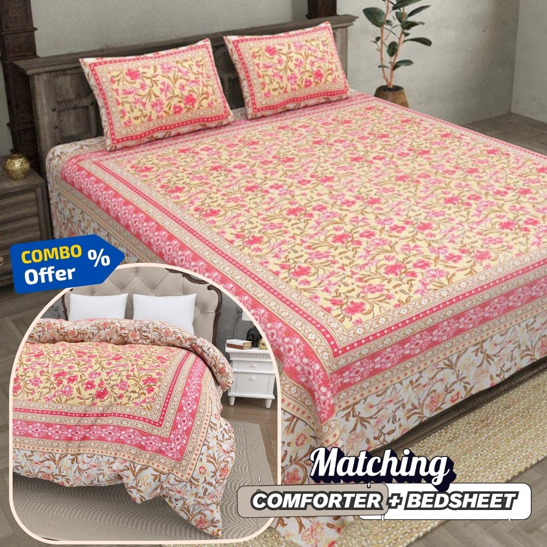 Bloom Peach Combo of Pure Cotton Double Bedsheet and Double Bed Comforter