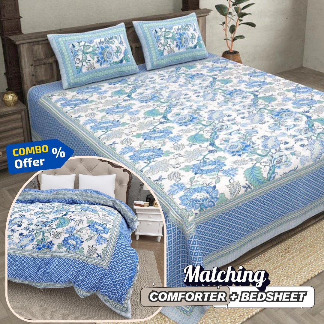 Botanica Blue Green Combo of Pure Cotton Double Bedsheet and Double Bed Comforter