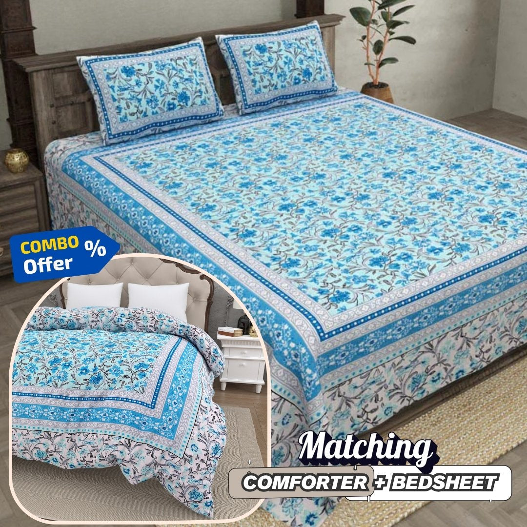 Botanica Sky Blue Combo of Pure Cotton Double Bedsheet and Double Bed Comforter