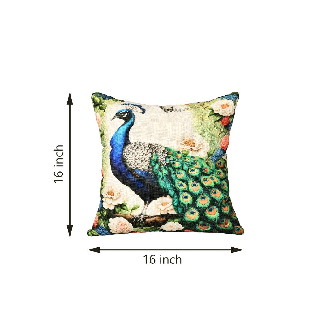 Majesty Grandeur Peacock Print Jute Cushion Cover