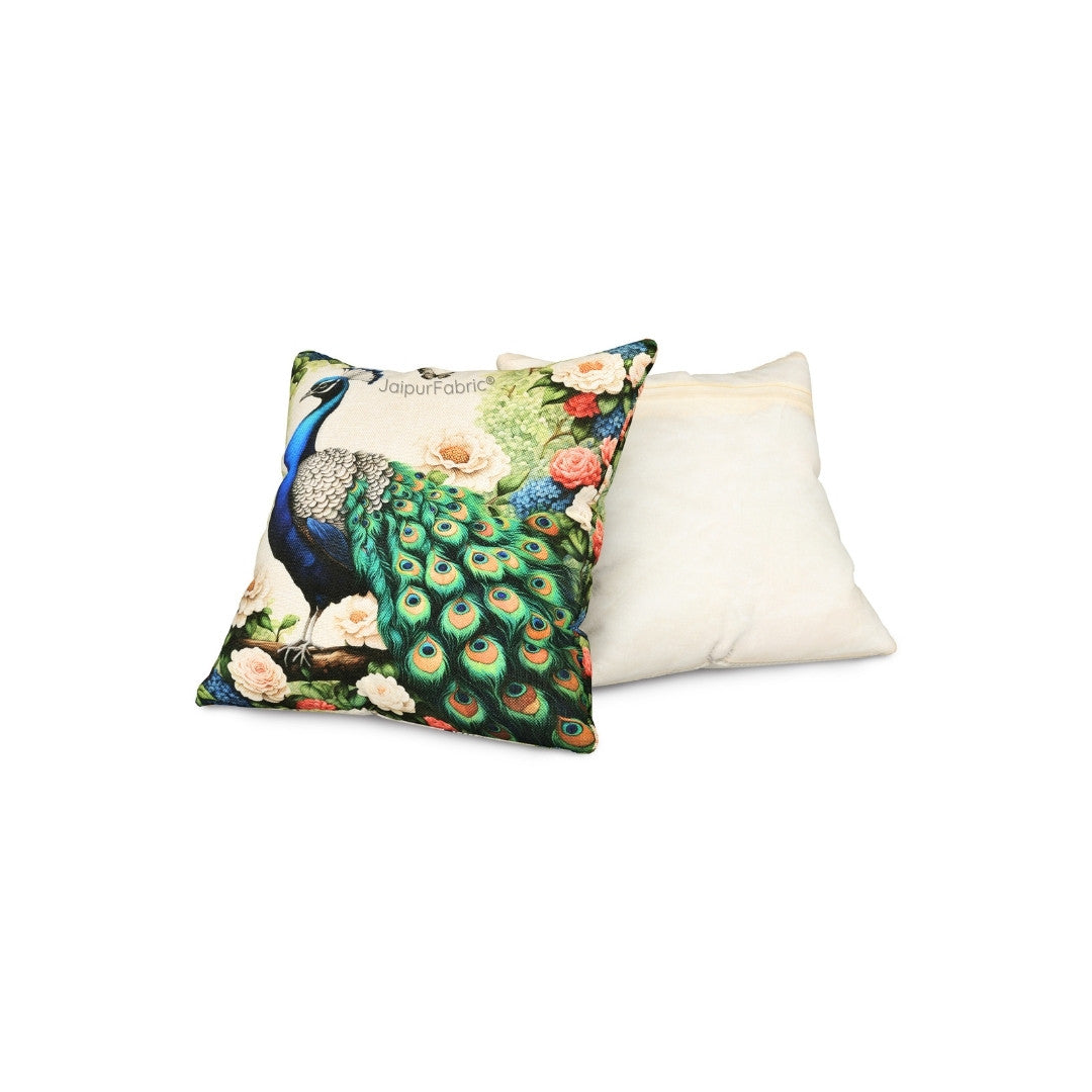 Majesty Grandeur Peacock Print Jute Cushion Cover