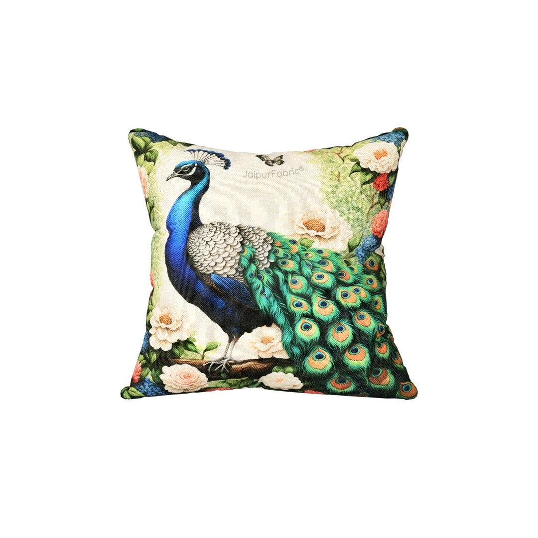 Majesty Grandeur Peacock Print Jute Cushion Cover