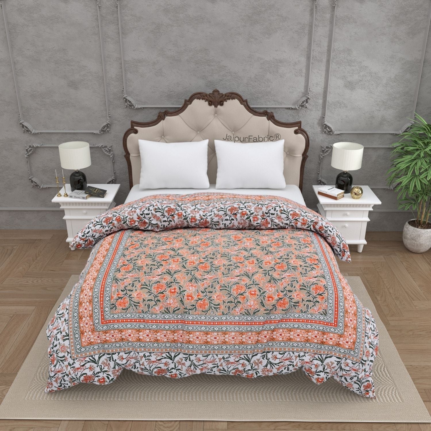 Bloom Coral Combo of Pure Cotton Double Bedsheet and Double Bed Comforter