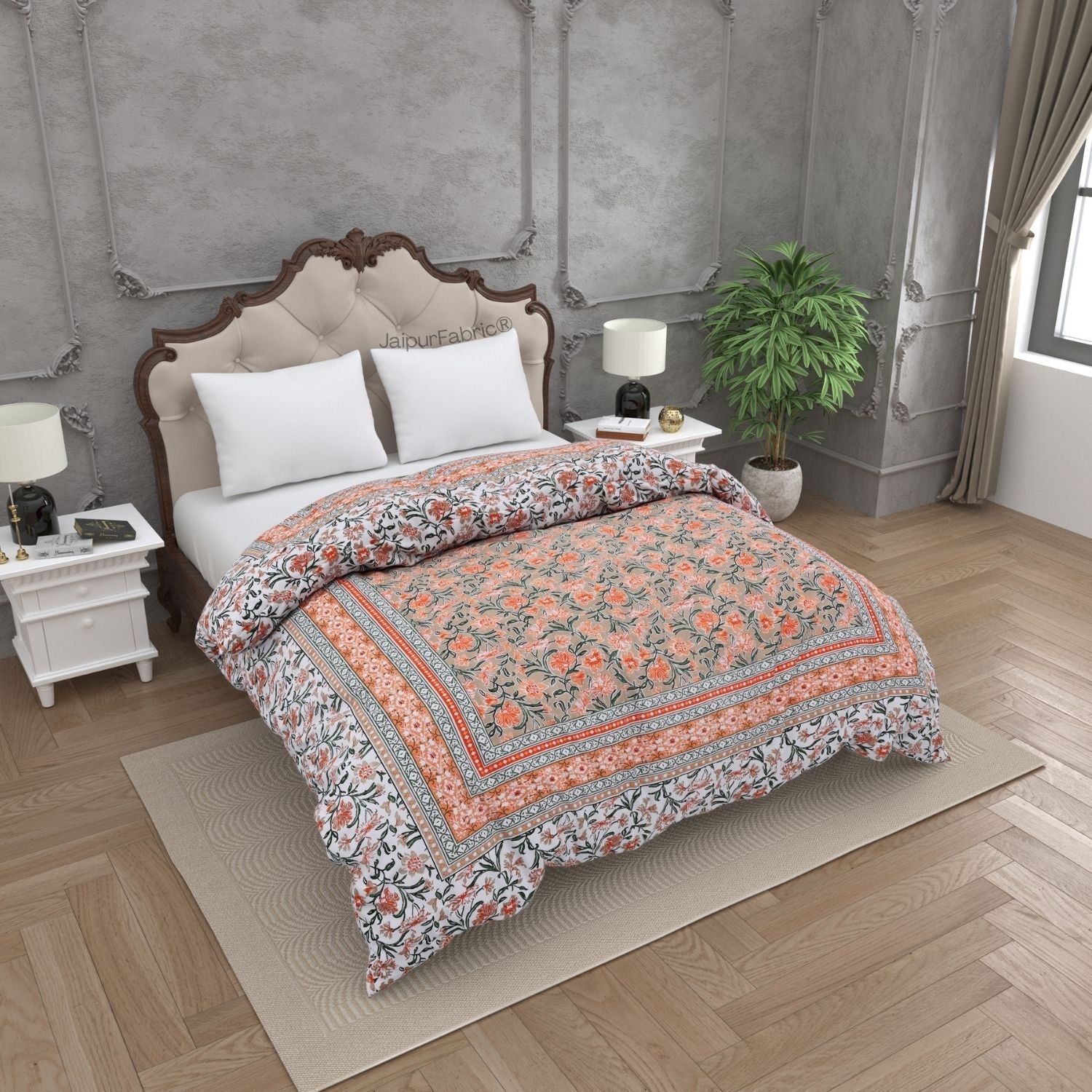 Bloom Coral Combo of Pure Cotton Double Bedsheet and Double Bed Comforter