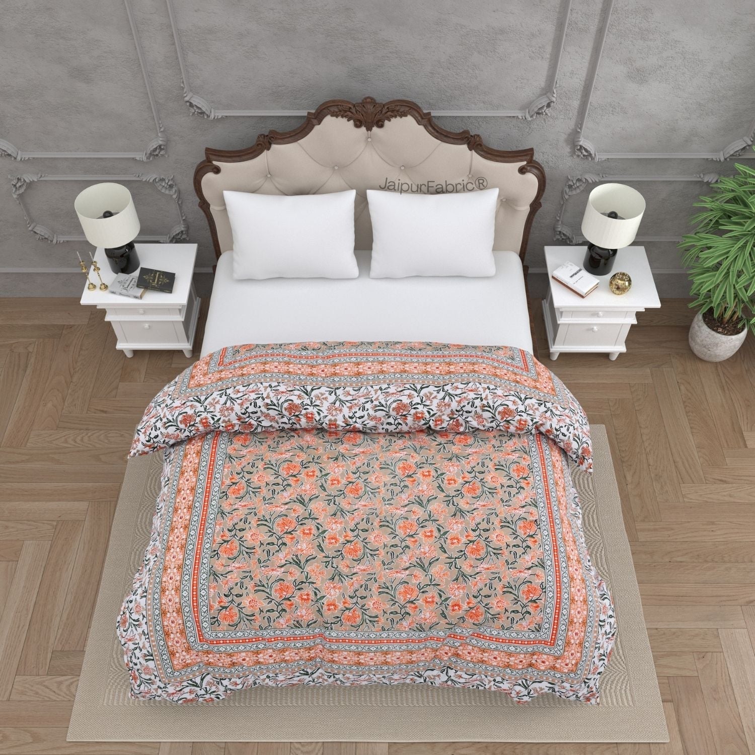 Bloom Coral Combo of Pure Cotton Double Bedsheet and Double Bed Comforter