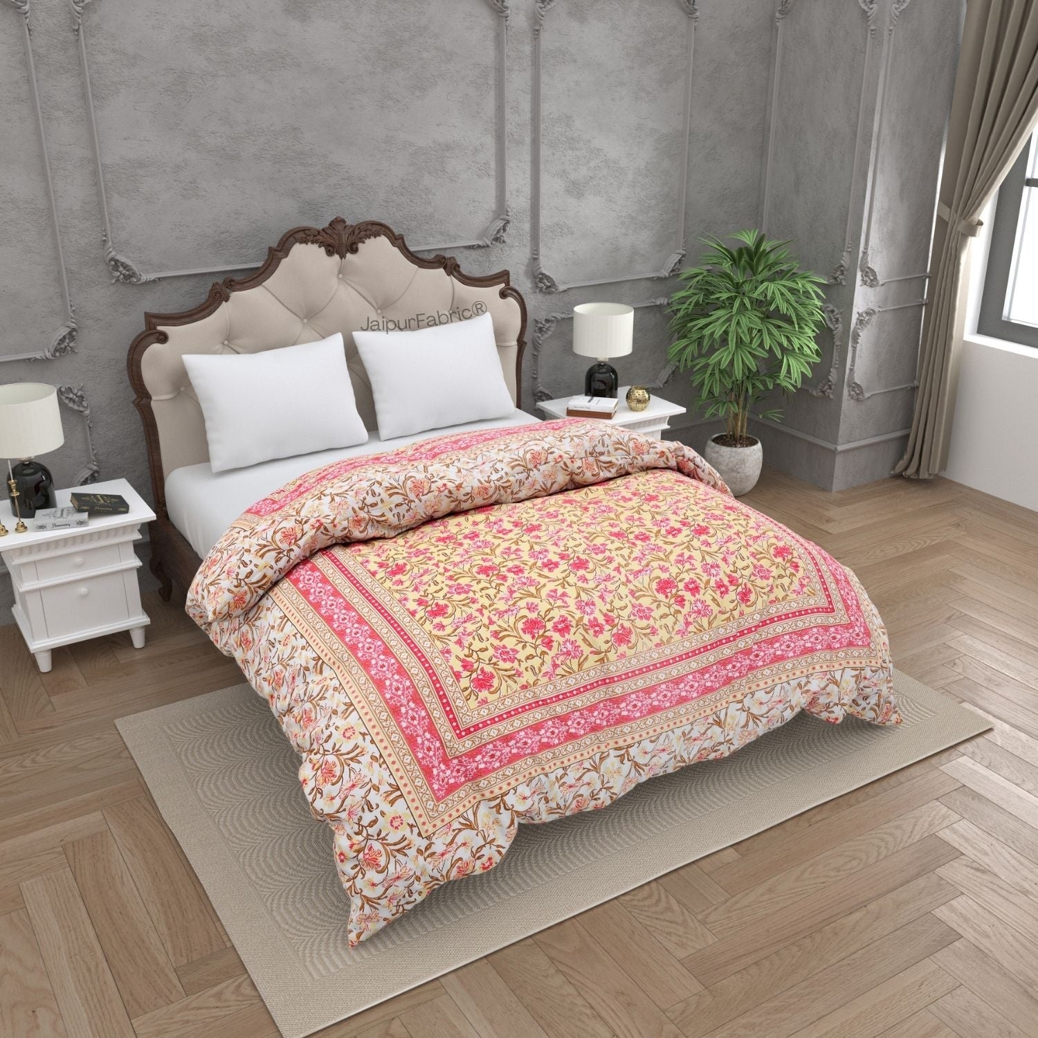 Bloom Peach Combo of Pure Cotton Double Bedsheet and Double Bed Comforter