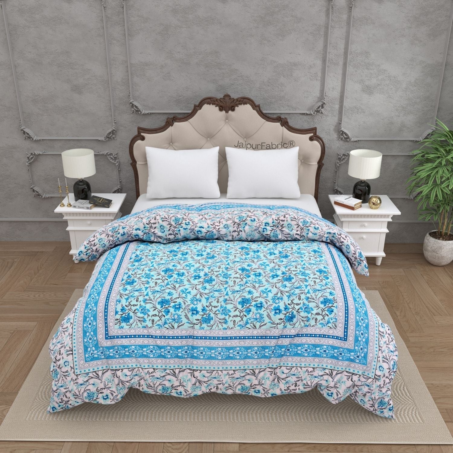 Botanica Sky Blue Combo of Pure Cotton Double Bedsheet and Double Bed Comforter