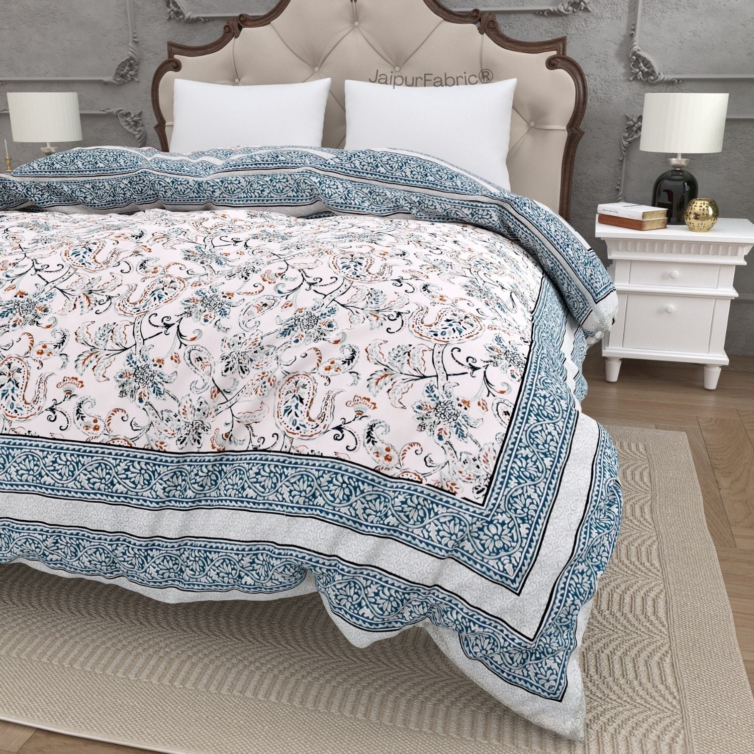 Paisley Trails Aqua Combo of Pure Cotton Double Bedsheet and Double Bed Comforter