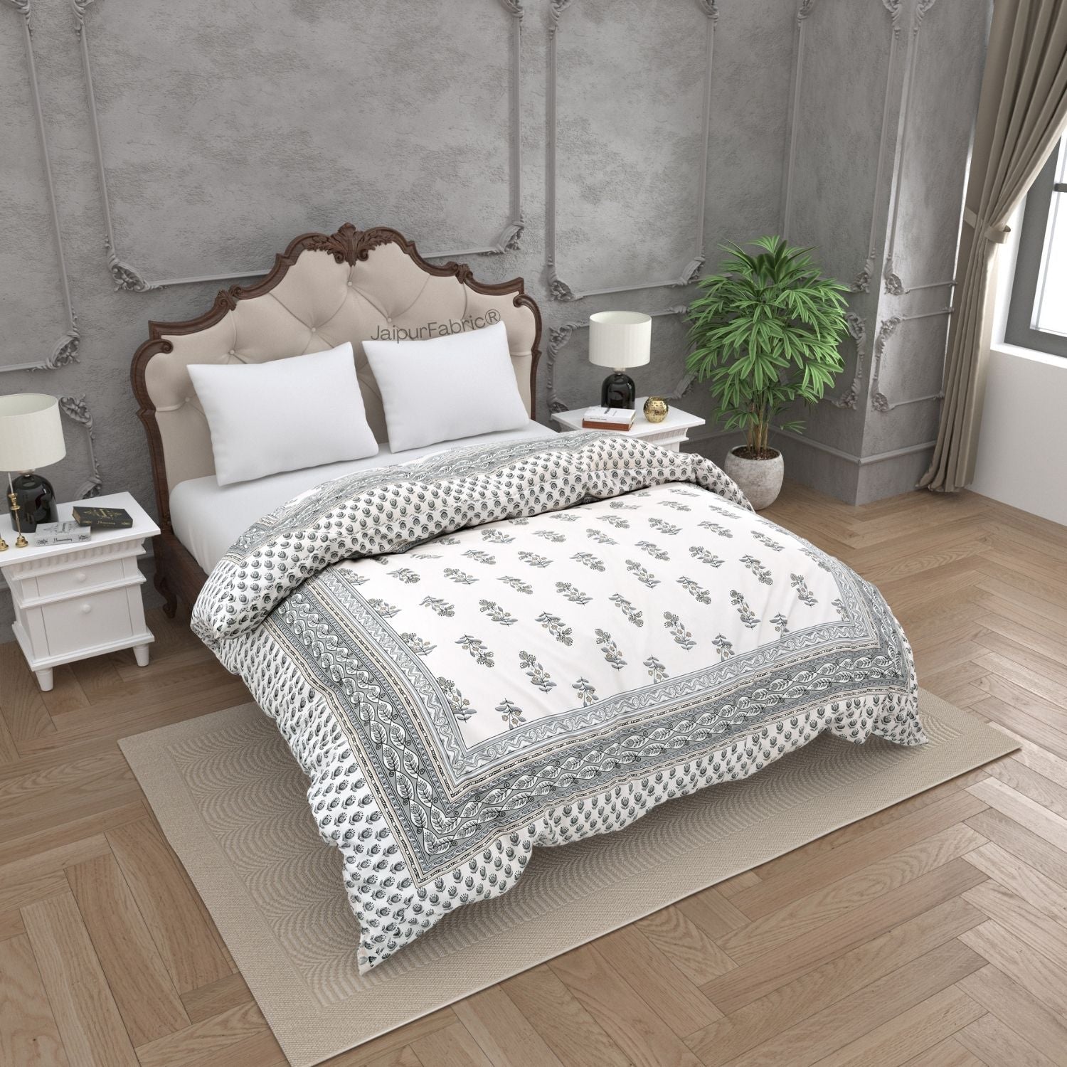 Lotus Vine Indigo White Combo of Pure Cotton Double Bedsheet and Double Bed Comforter