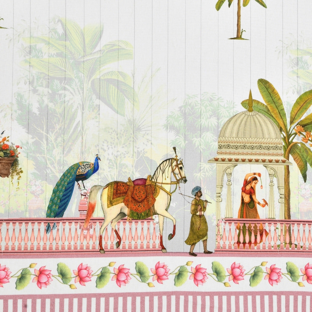 Royal Rajputana Palace & Palm Motif 7 Ft Duck Cotton Digital Print Curtain