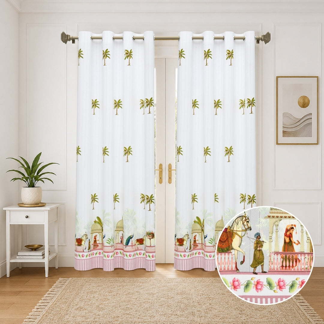 Royal Rajputana Palace & Palm Motif 7 Ft Duck Cotton Digital Print Curtain