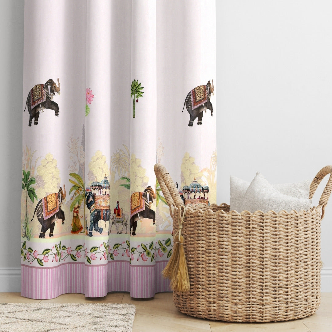 Royal Rajputana Procession Elephant & Palm Motif 7 Ft Duck Cotton Screen Print Curtain