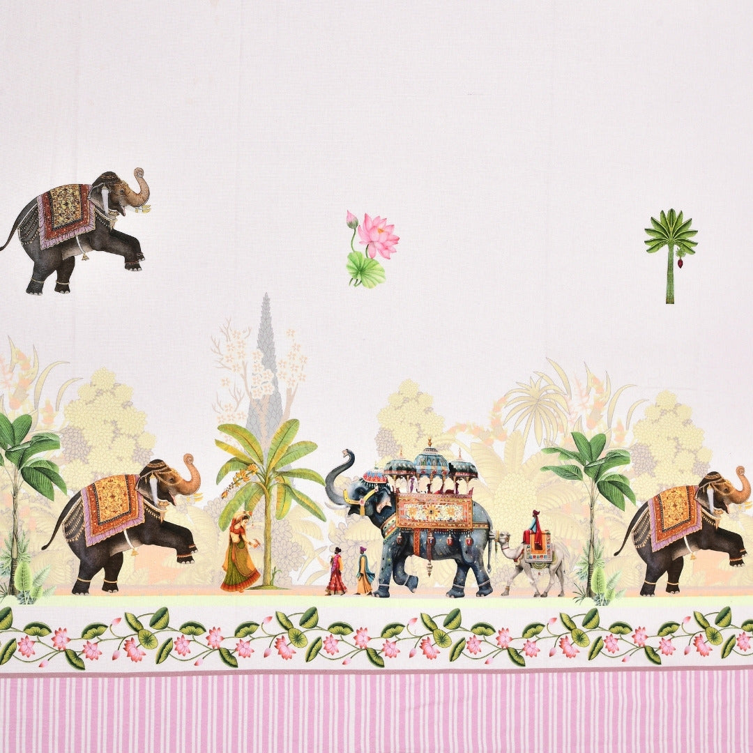 Royal Rajputana Procession Elephant & Palm Motif 7 Ft Duck Cotton Digital Print Curtain