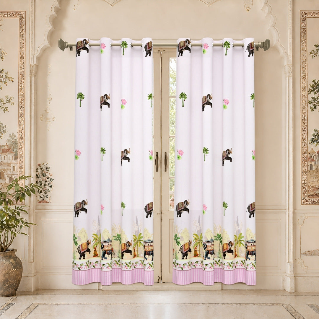 Royal Rajputana Procession Elephant & Palm Motif 7 Ft Duck Cotton Digital Print Curtain