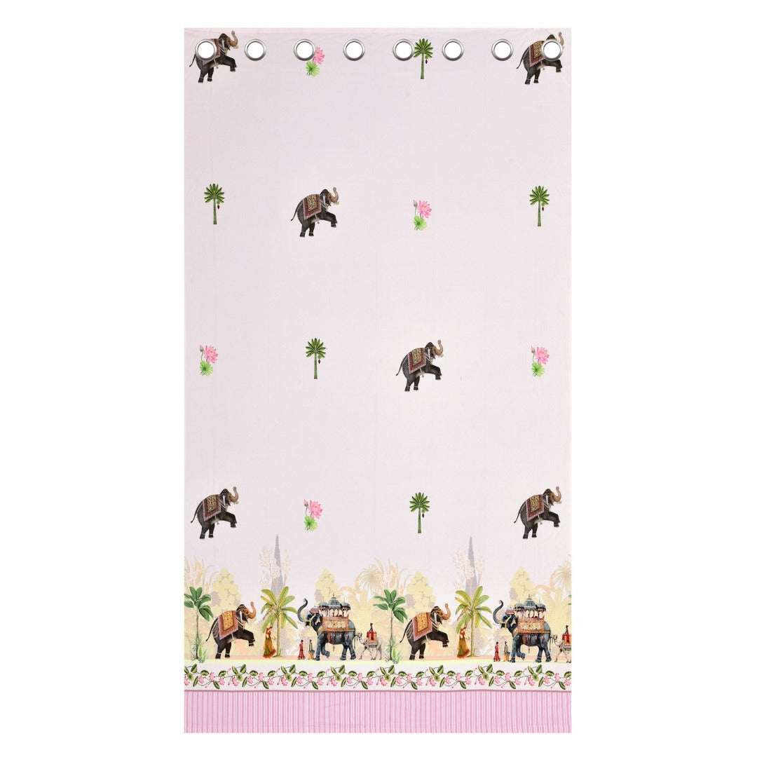 Royal Rajputana Procession Elephant & Palm Motif 7 Ft Duck Cotton Digital Print Curtain