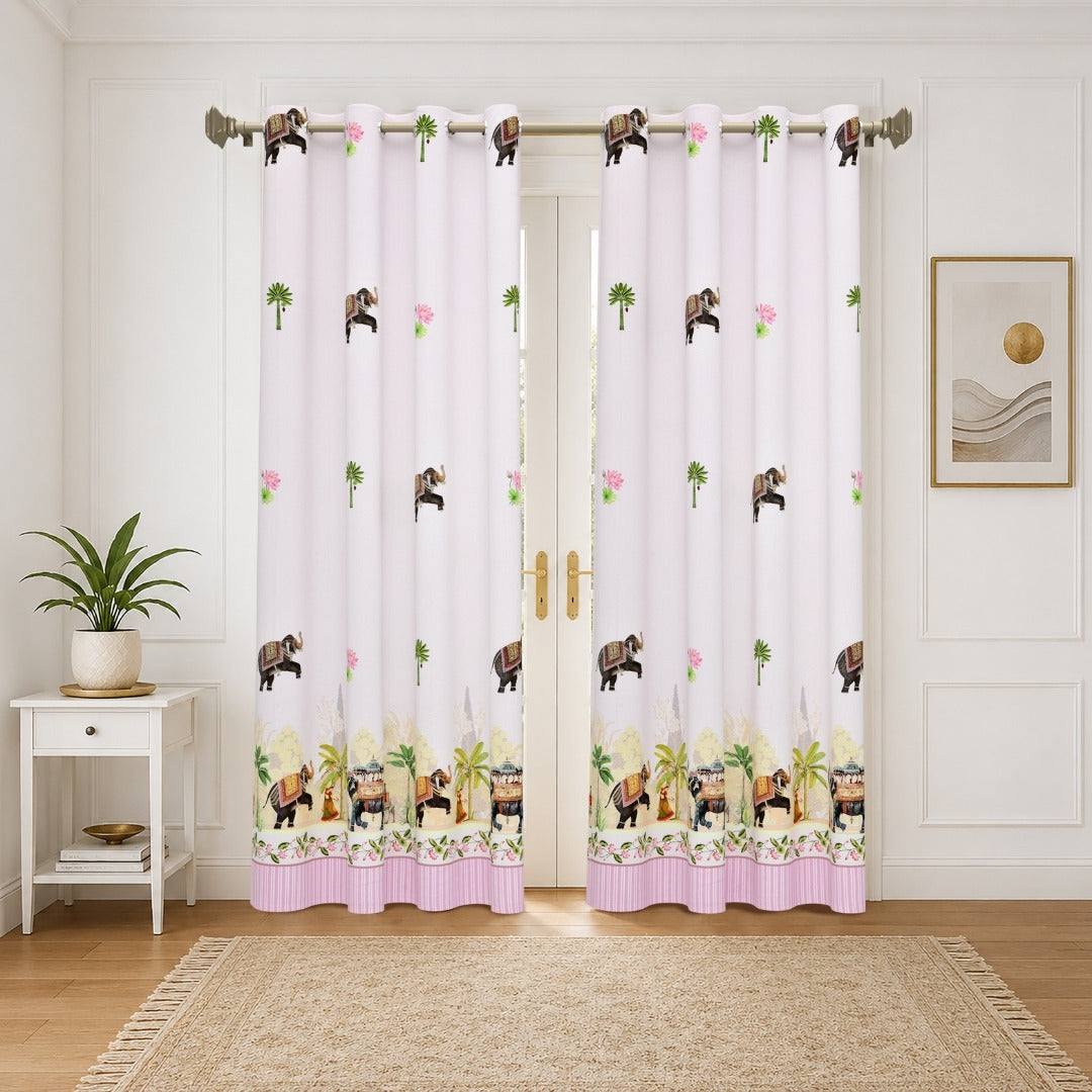 Royal Rajputana Procession Elephant & Palm Motif 7 Ft Duck Cotton Digital Print Curtain