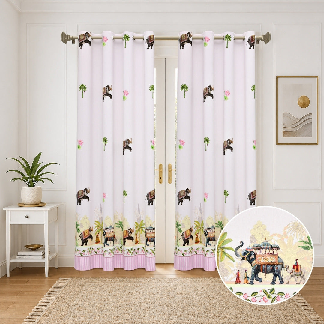 Royal Rajputana Procession Elephant & Palm Motif 7 Ft Duck Cotton Digital Print Curtain