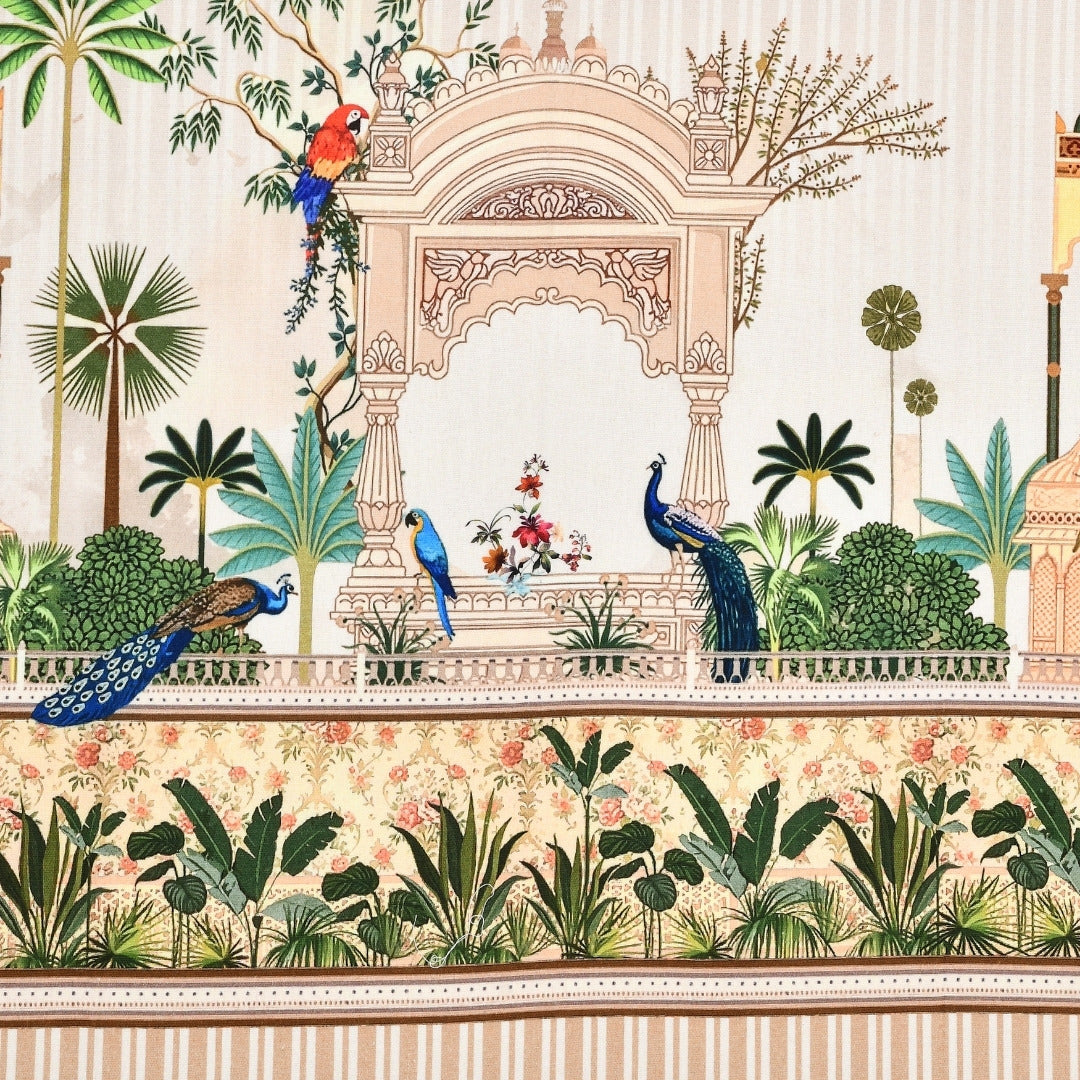 Traditional Indian Archway & Temple Garden 7 Ft Duck Cotton Digital Print Curtain