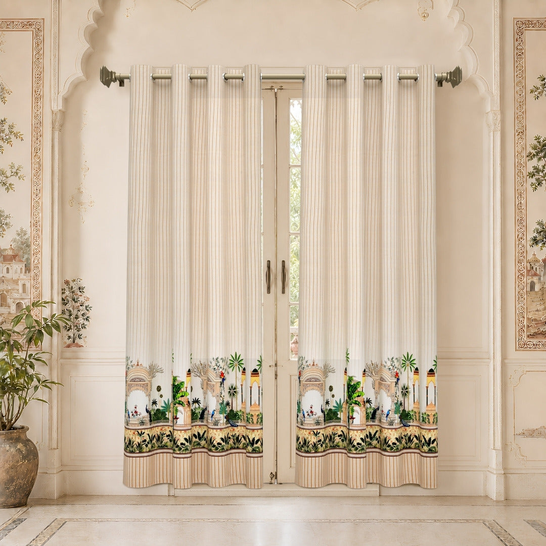 Traditional Indian Archway & Temple Garden 7 Ft Duck Cotton Digital Print Curtain
