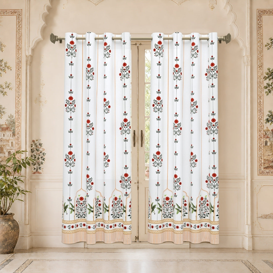 Traditional Red Floral Temple Archway 7 Ft Duck Cotton Digital Print Curtain