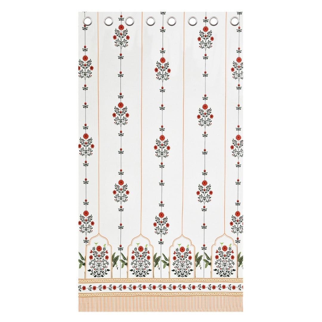 Traditional Red Floral Temple Archway 7 Ft Duck Cotton Digital Print Curtain