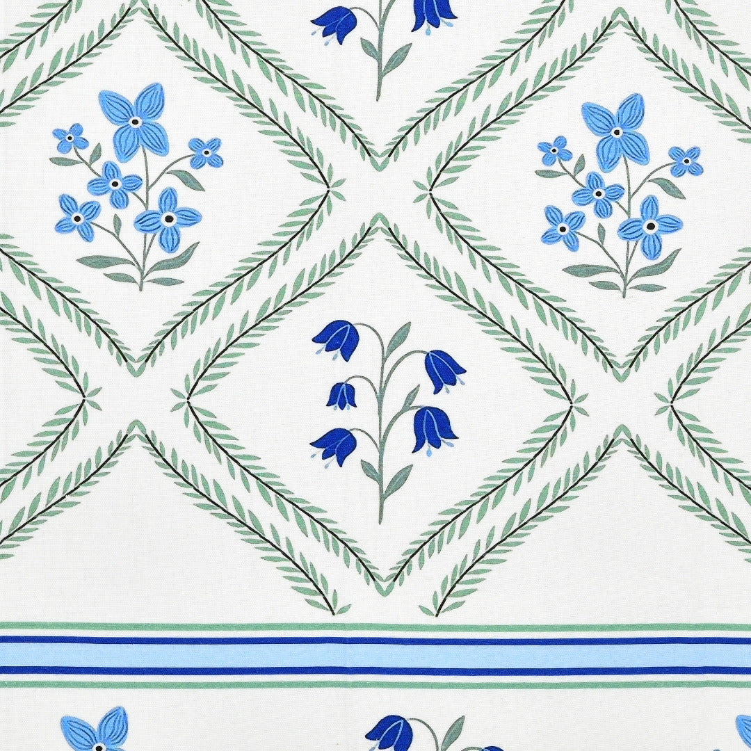 Blue Floral Diamond Trellis 7 Ft Duck Cotton Digital Print Curtain