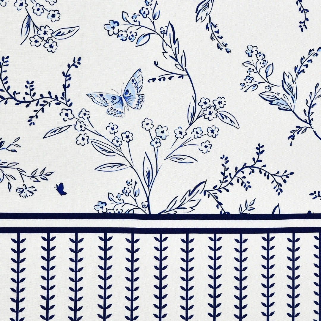 Indigo Botanical Vine & Butterfly 7 Ft Duck Cotton Digital Print Curtain