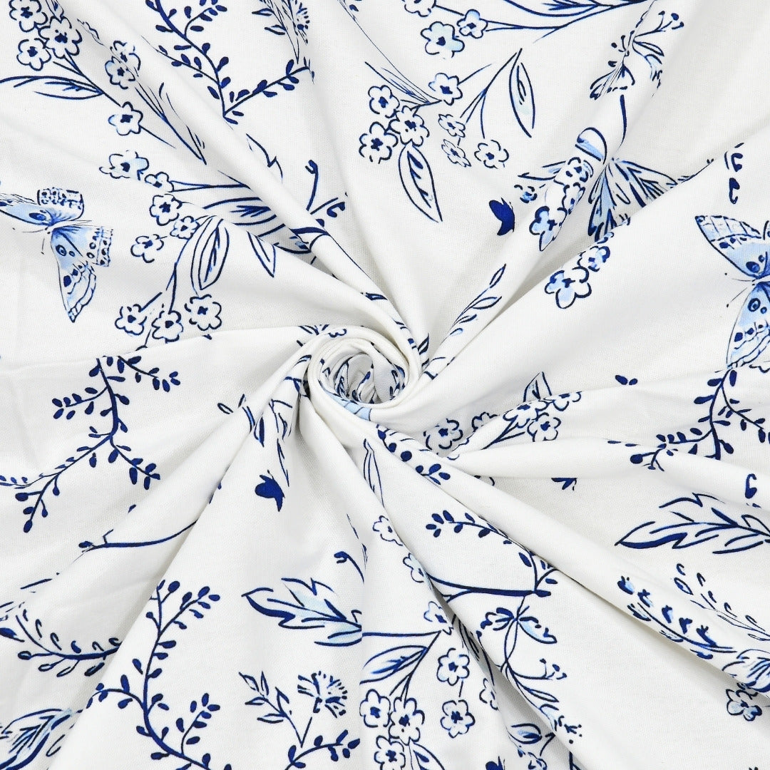 Indigo Botanical Vine & Butterfly 7 Ft Duck Cotton Digital Print Curtain