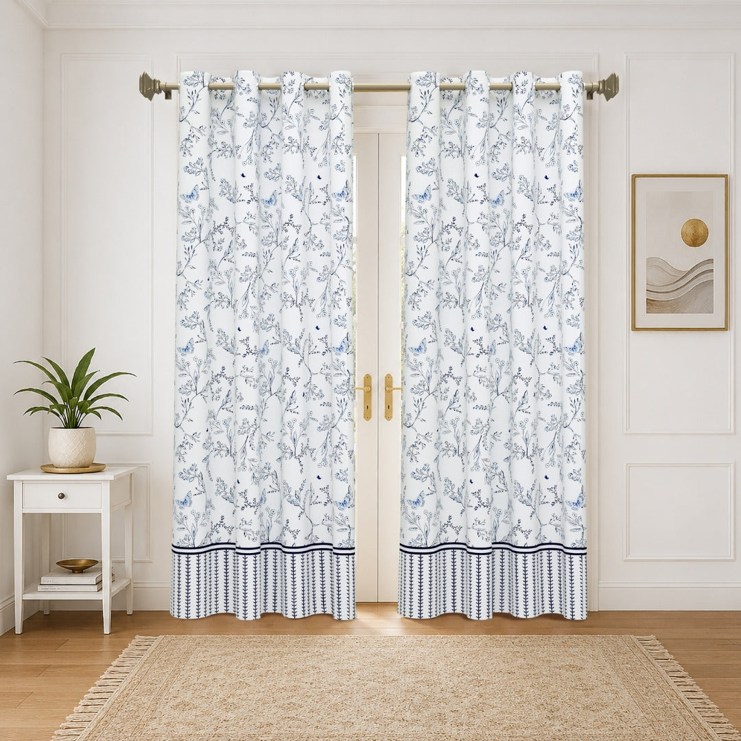 Indigo Botanical Vine & Butterfly 7 Ft Duck Cotton Digital Print Curtain