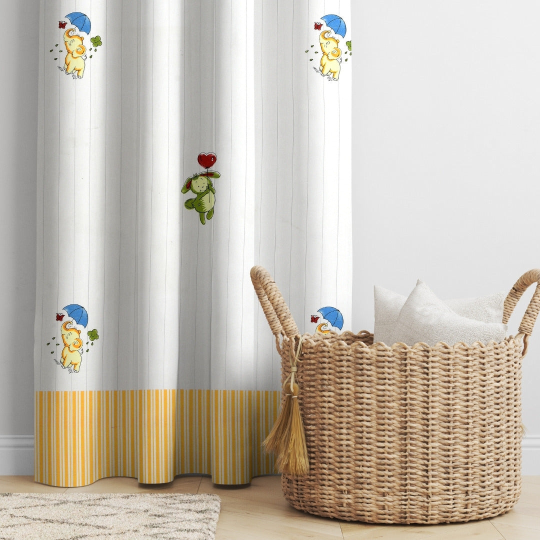 Playful Elephant & Bunny Stripe 7 Ft Duck Cotton Screen Print Curtain