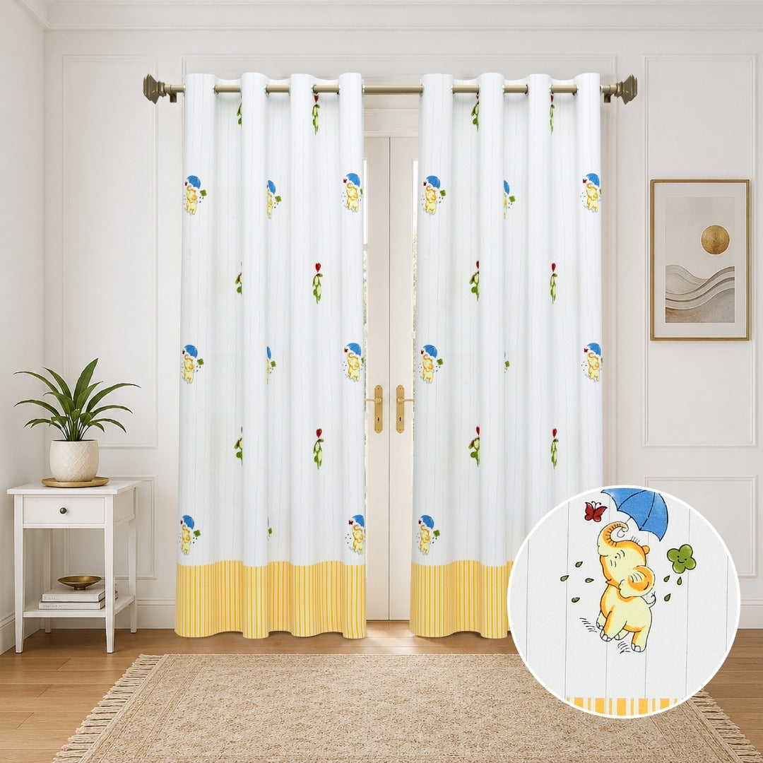 Playful Elephant & Bunny Stripe 7 Ft Duck Cotton Digital Print Curtain