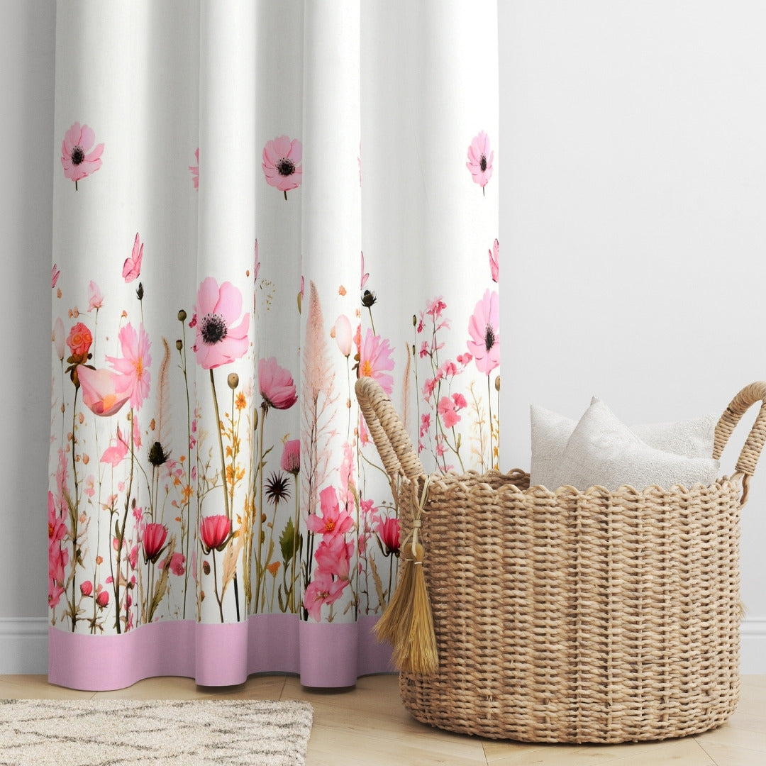 Soft Pink Wildflower Field 7 Ft Duck Cotton Screen Print Curtain