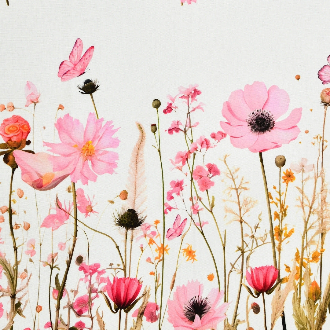Soft Pink Wildflower Field 7 Ft Duck Cotton Digital Print Curtain