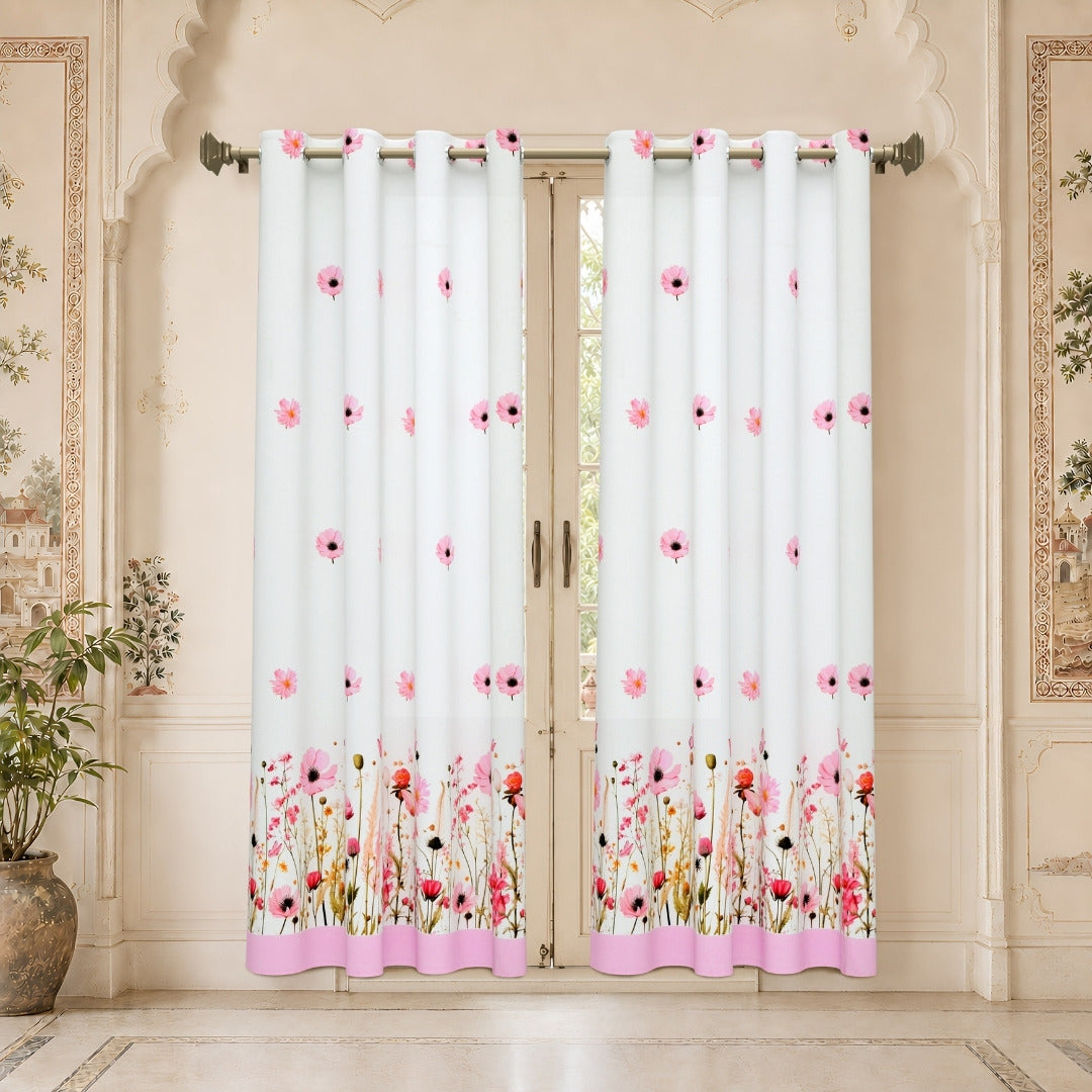 Soft Pink Wildflower Field 7 Ft Duck Cotton Digital Print Curtain
