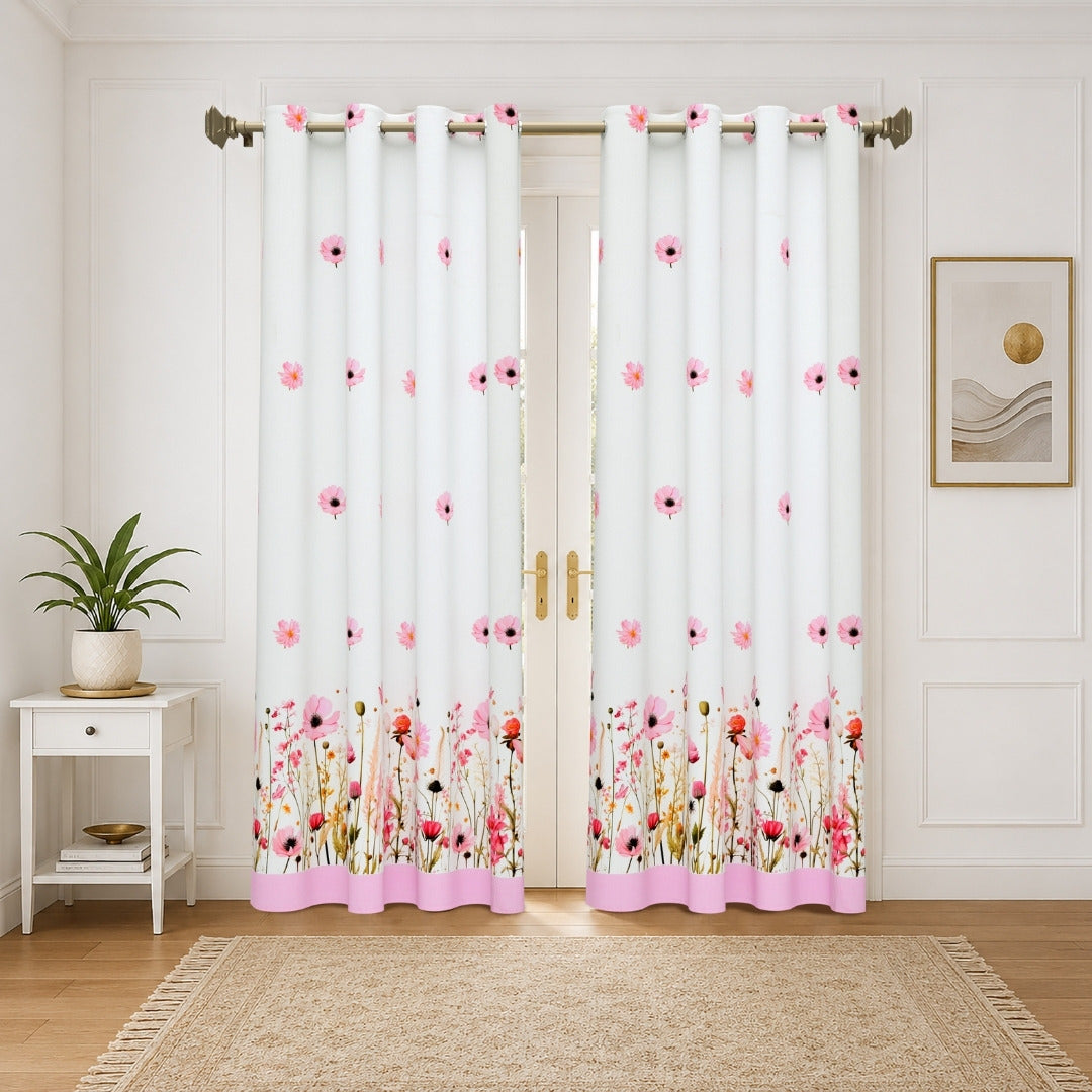 Soft Pink Wildflower Field 7 Ft Duck Cotton Digital Print Curtain