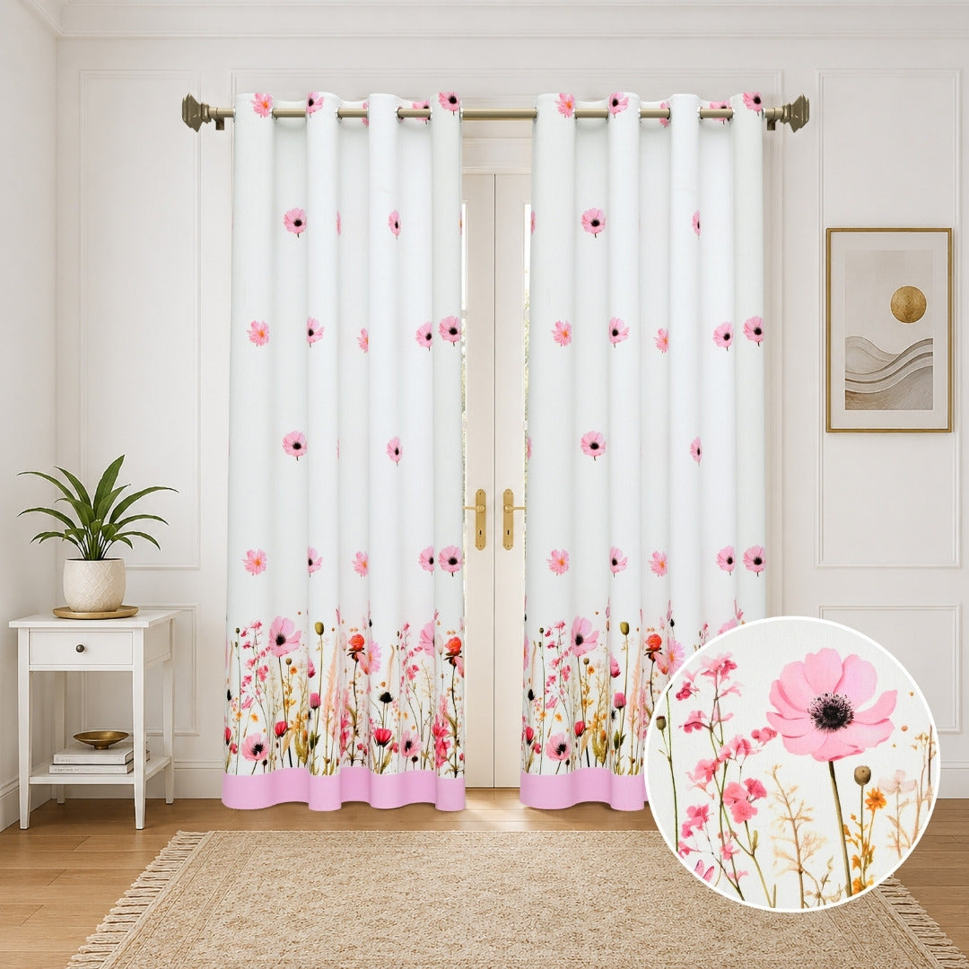 Soft Pink Wildflower Field 7 Ft Duck Cotton Digital Print Curtain
