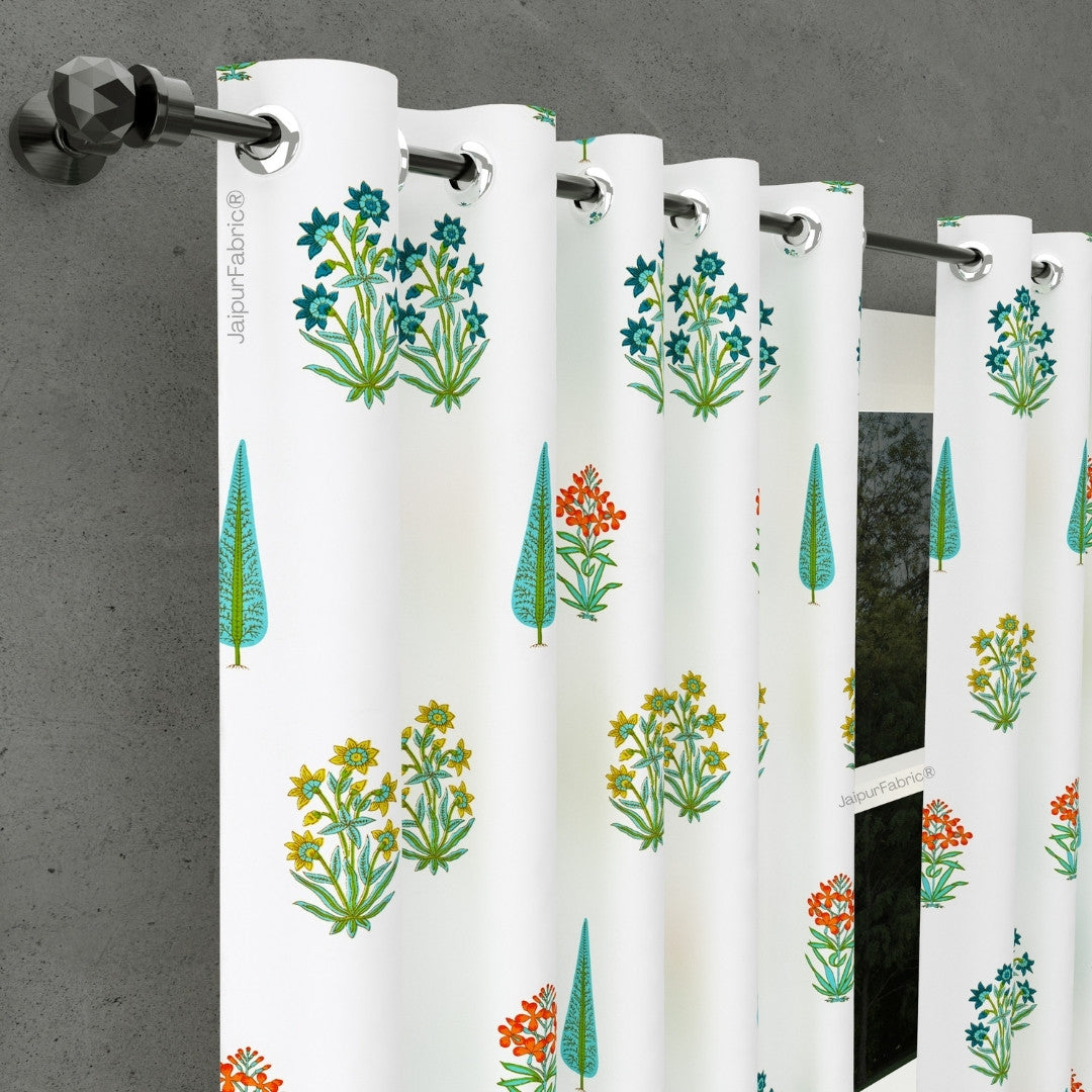Jaipur Mela Hand Block Printed Sea Green Trees and Flowers Curtains (Pack of 2)